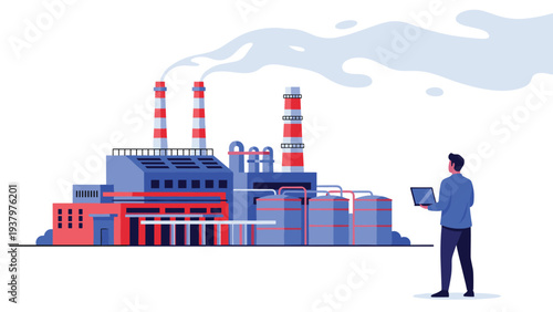 Man with a laptop observing a large industrial factory with smoking chimneys, representing environmental monitoring or industrial control.