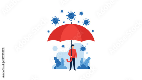 Man holding a red umbrella, protecting himself from airborne virus particles, illustrating disease prevention and personal health security.