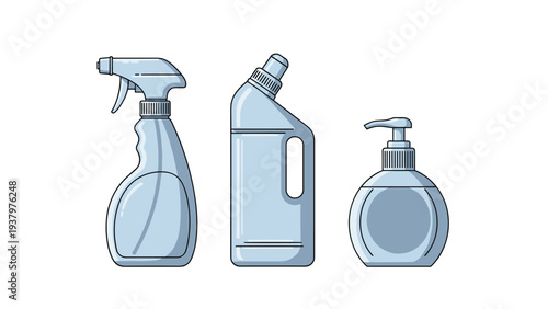 Set of three essential household cleaning products: a spray bottle, a multi-surface cleaner, and a pump dispenser, for hygiene.
