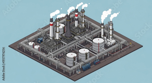 Industrial factory complex with smoking chimneys and storage tanks.
