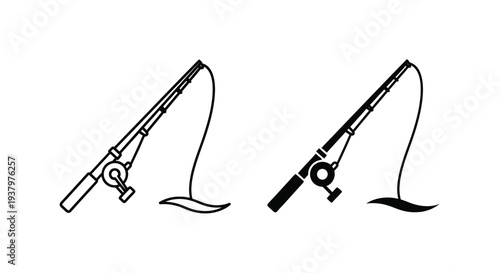 Line drawing of two fishing rods with hooks on a white background, one outlined and one filled in.