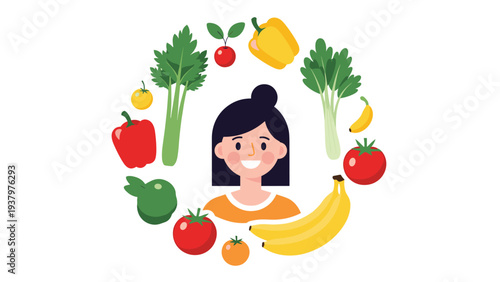 Happy woman's face surrounded by a vibrant, circular arrangement of fresh fruits and vegetables, promoting healthy eating and nutrition.