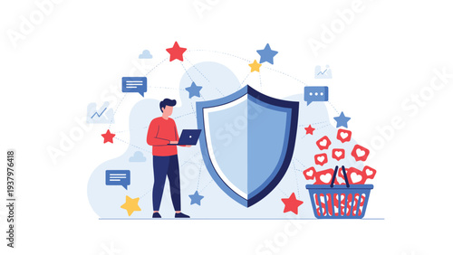 Man with a laptop standing next to a shield and a basket of heart icons, representing data protection, cybersecurity, and secure online shopping.