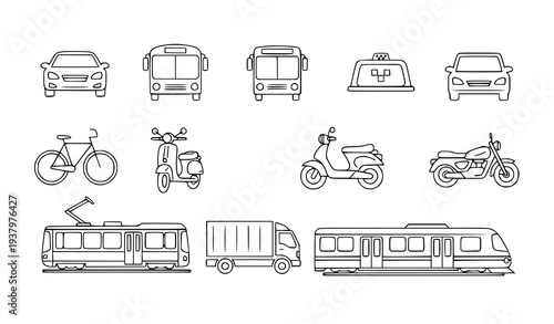 Modern City Vehicles and Transport Icon Set Vector Collection with Cars, Buses, and Bikes