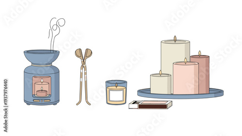 Assortment of aromatherapy and relaxation items: an essential oil diffuser, various candles, matches, and a wick trimmer.