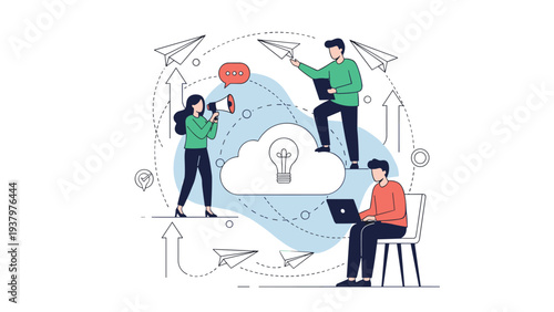 Three people collaborating around a cloud with a glowing lightbulb, sending out paper airplanes, symbolizing idea generation and effective communication.