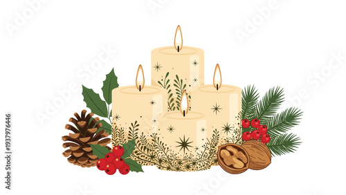 Group of festive holiday candles beautifully arranged with decorative pinecones, vibrant holly berries, and rustic walnuts, creating a warm atmosphere.