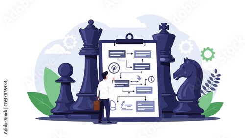 Man pointing at a business strategy flowchart on a clipboard, surrounded by large chess pieces, symbolizing strategic planning and competitive advantage.