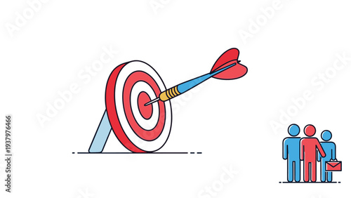 Dart perfectly hitting the bullseye on a target, accompanied by three small people icons, representing precise goal achievement and team focus.
