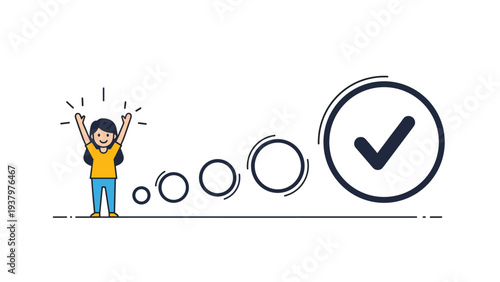 Happy woman with arms raised in triumph, standing next to a series of circles leading to a large checkmark icon, symbolizing task completion.