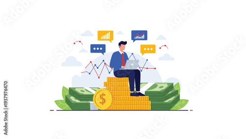 Successful businessman sitting on a large stack of money and gold coins, working on a laptop with financial charts, symbolizing wealth.