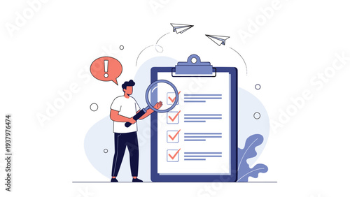 Man holding a magnifying glass and meticulously examining a checklist on a clipboard, symbolizing thorough inspection and quality control.