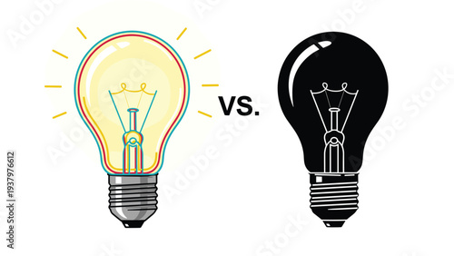 Visual comparison of a brightly lit, glowing lightbulb and a dark, unlit one, symbolizing the presence and absence of ideas or power.