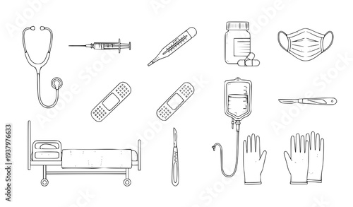 Healthcare Medical Supplies and Equipment Sketch Vector Set with Stethoscope, Syringe, and Hospital Tools