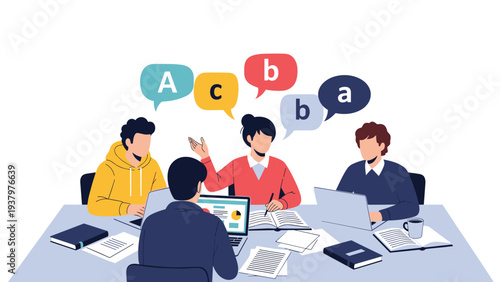Diverse group of people engaged in an active discussion around a table, with speech bubbles displaying letters, symbolizing language learning.