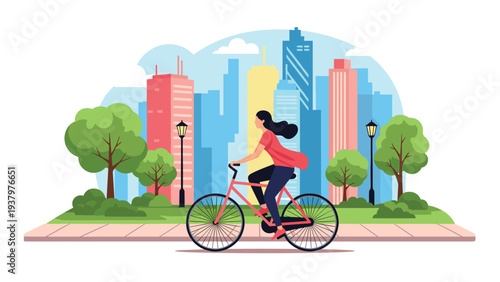 Woman enjoying a leisurely bicycle ride through a vibrant city park, with modern skyscrapers forming a dynamic backdrop, promoting urban green living.