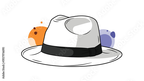 Stylish white fedora hat with a contrasting black band, set against abstract orange and purple circular shapes, creating a modern design.