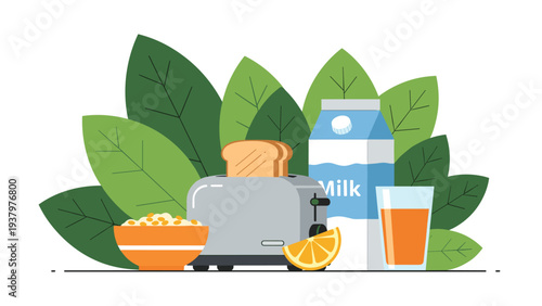 Healthy breakfast spread featuring a toaster with golden toast, a milk carton, refreshing orange juice, and a bowl of cereal, with green leaves.