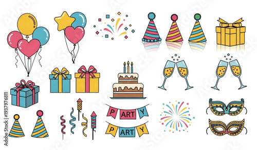 Party Event and Celebration Icons Vector Set with Balloons, Cake, Gifts, and Fireworks