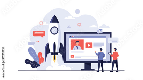 Team of professionals working diligently on a computer next to a rocket launch, symbolizing successful product launch, startup, or innovation.