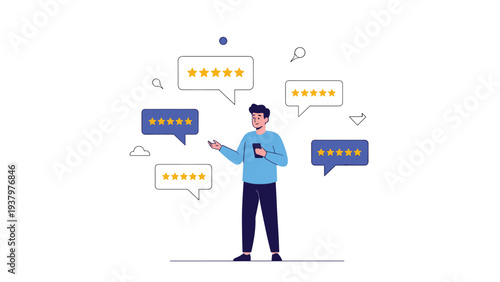 Man holding a smartphone and presenting multiple five-star review speech bubbles, representing excellent customer feedback and service quality.