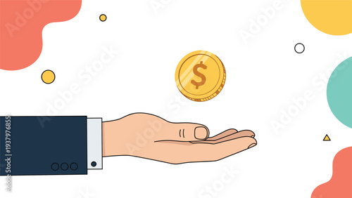 Outstretched hand with a gleaming golden dollar coin floating directly above it, symbolizing financial transaction, payment, or earning.