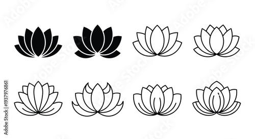 Lotus Flower Icon Set, Decorative Lotus Bloom Symbols for Yoga, Meditation, Spa and Nature Design