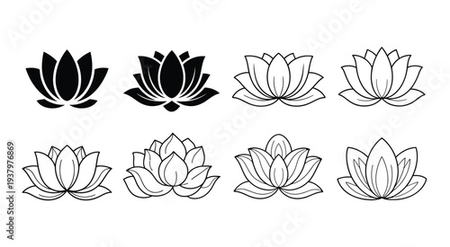 Lotus Flower Icon Set, Elegant Lotus Blossom Symbols in Outline and Solid Style, Floral Nature Vector Collection