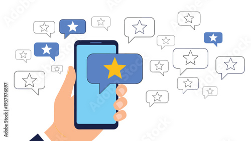 Hand holding a smartphone displaying a prominent star rating in a speech bubble, surrounded by numerous other star bubbles, indicating customer reviews.