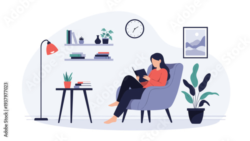 Woman relaxing comfortably in an armchair, engrossed in reading a book within a cozy and inviting living room setting, promoting leisure.