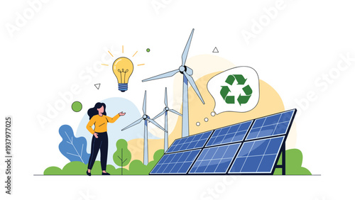 Woman presenting various renewable energy sources, including solar panels, wind turbines, and a lightbulb with a recycling symbol, for sustainability.