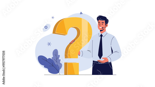 Professional man wearing a headset and presenting a large golden question mark, symbolizing customer support, FAQ, or problem-solving.