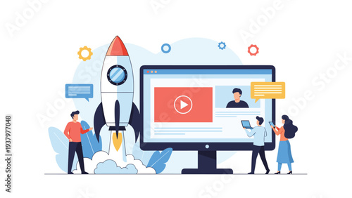 Team of people working on computers next to a rocket launch and video interface, signifying digital marketing, product launch, or startup.