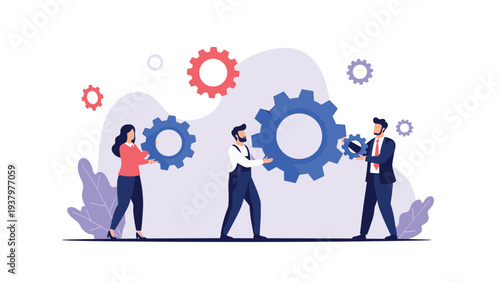 Three people collaborating to hold and move large gear cogs, symbolizing teamwork, problem-solving, and efficient business operations.