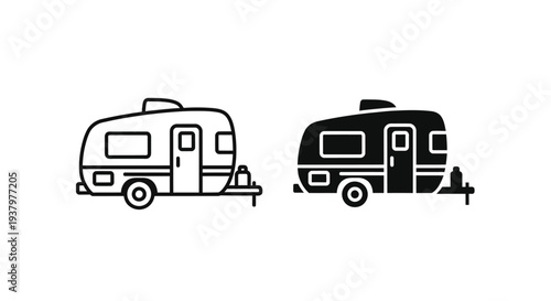 Two camper trailers, one in black and white and the other in color, are shown side by side on a white background in a graphic illustration.