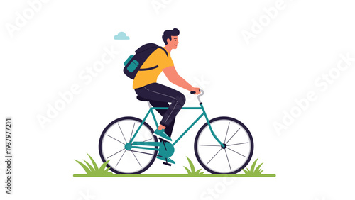 Happy young man with a backpack enjoying a leisurely ride on his bicycle across a green grassy landscape on a pleasant sunny day.