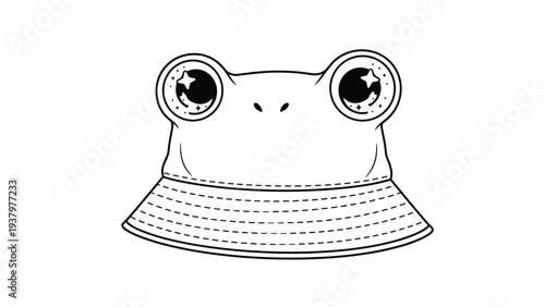 Whimsical line art illustration of a frog-themed bucket hat featuring charming wide eyes with starry pupils and detailed stitching.