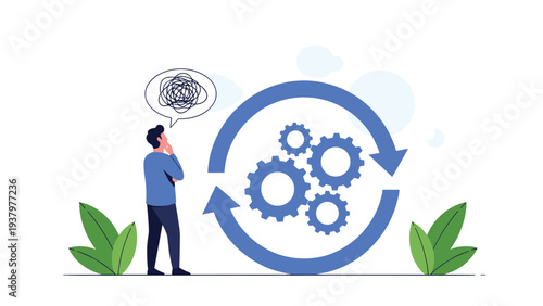 Thoughtful man contemplating the interconnected gears within a circular arrow, symbolizing continuous improvement, iterative processes, and complex problem-solving.