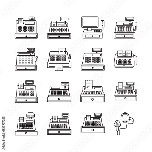 Cash Register Icons Collection Vintage and Modern Types Financial Transaction Symbols