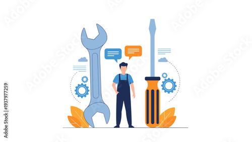 Skilled mechanic in overalls standing confidently between a large wrench and a giant screwdriver, symbolizing repair services and technical support.