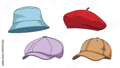 Diverse collection of stylish hats, including a light blue bucket hat, a red beret, a purple newsboy cap, and a tan baseball cap.