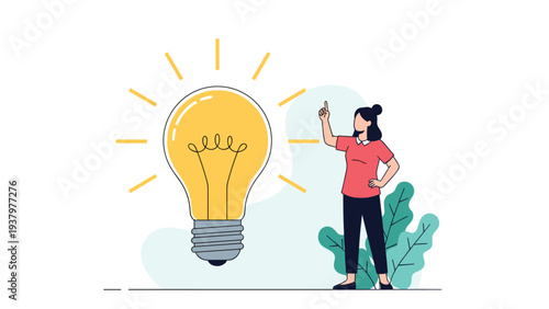 Creative woman pointing upwards towards a glowing, oversized lightbulb, symbolizing a brilliant new idea, innovation, and successful inspiration.