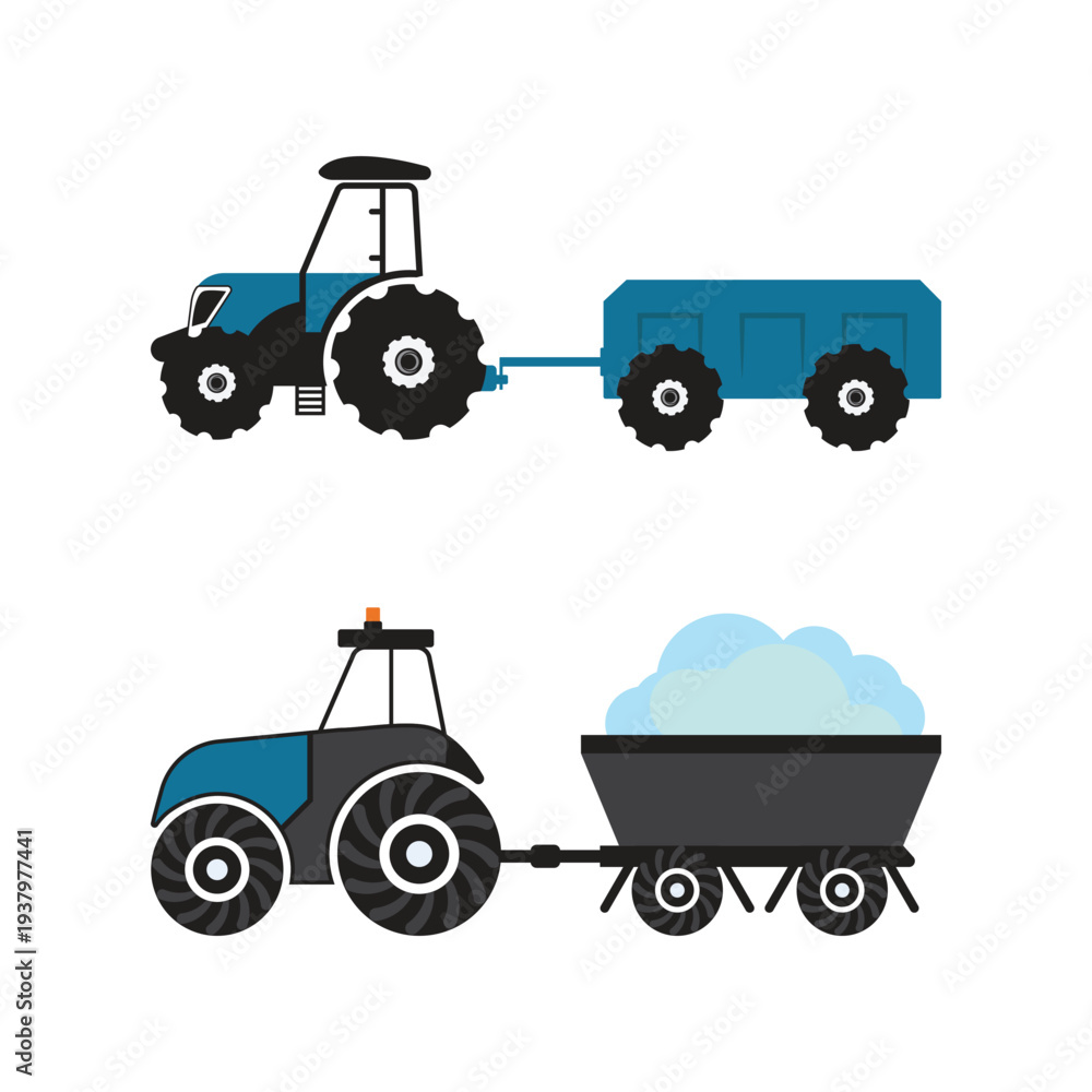Fototapeta premium Blue Farm Tractor Pulling Cargo Trailer and Wagon
