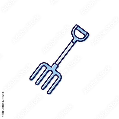 A simple blue pitchfork with a D-handle and four tines, used for gardening or farming tasks.