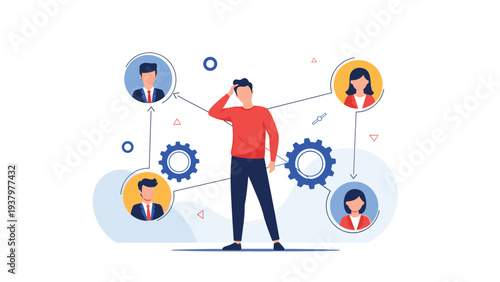 Thoughtful man contemplating interconnected profile icons and gears, representing complex networking, social connections, and strategic organizational planning.