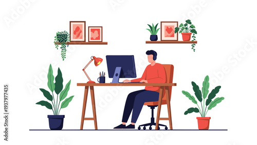 Man diligently working at a desktop computer in a comfortably decorated office, surrounded by various houseplants and framed art, fostering a peaceful environment.