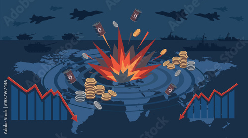 Global financial crisis illustration with explosion, oil, and coins on world map
