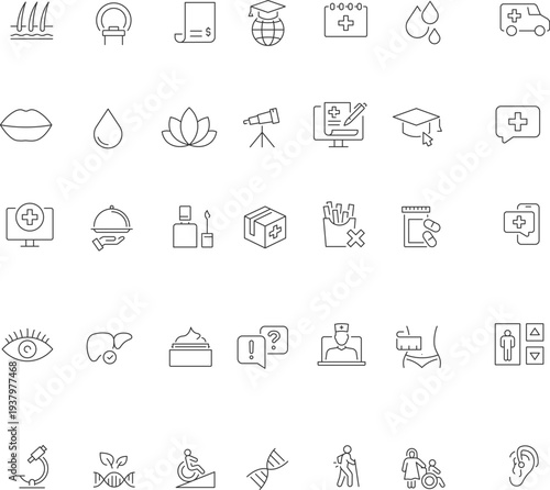 Digital healthcare outline icon set for telemedicine, patient monitoring, medical analytics, secure records, appointments, prescription, microchip technology, editable  Vector illustration.