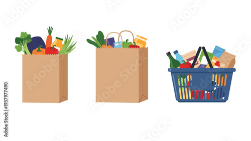 Convenient collection of grocery items, including two brown paper bags and a blue shopping basket, all overflowing with fresh food and essential products.