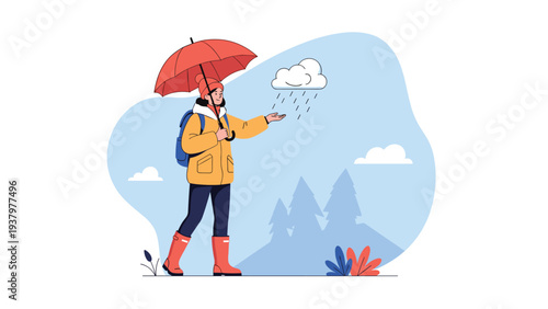 Adventurous woman in a vibrant yellow raincoat and red boots, holding an umbrella to shield herself from a small rainy cloud, depicting outdoor resilience.